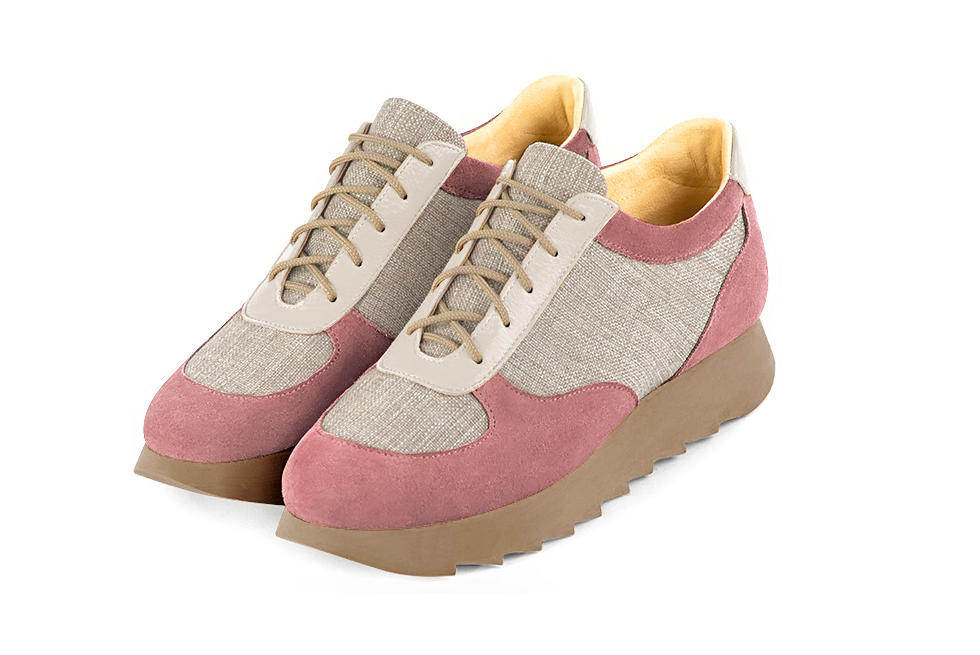 Dusty rose pink, natural beige and off white women's three-tone elegant sneakers. Round toe. Low rubber soles. Front view - Florence KOOIJMAN